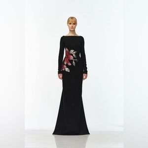 NAEEM KHAN BOAT NECK LONG SLEEVE FIT-AND-FLARE GOWN